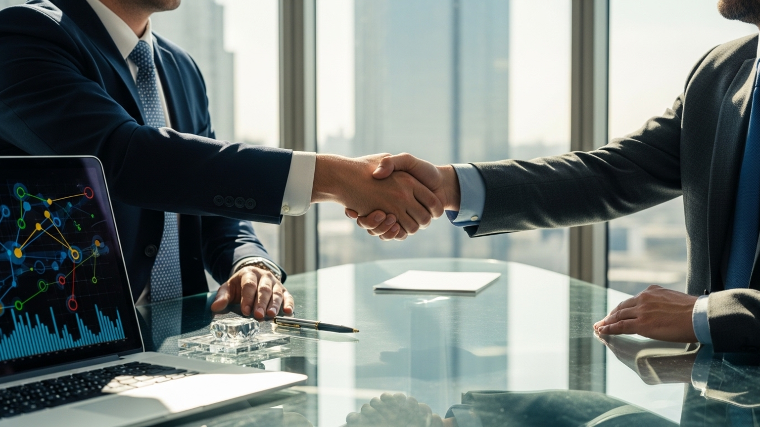 Close-up shot of a firm, confident handshake between two elegantly dressed professionals sitting across a sleek glass conference table. Sunlight streams through panoramic windows, illuminating a sleek metallic laptop displaying abstract colorful analytical charts (no text). High-end corporate business environment, luxury aesthetic, sharp focus, 35mm lens, cinematic lighting.