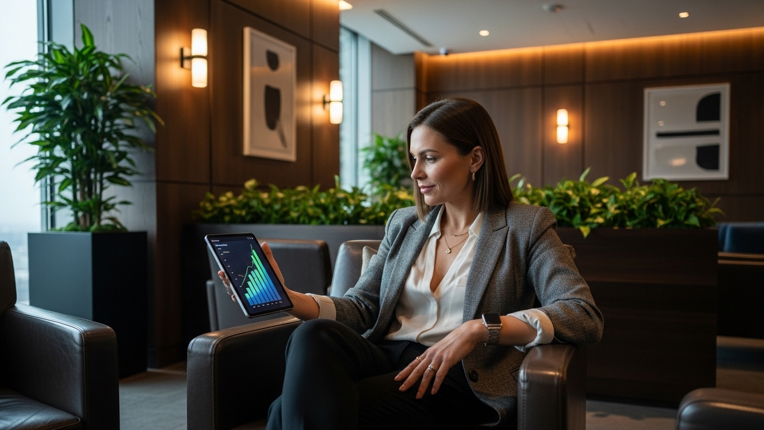 A confident modern entrepreneur in smart casual attire sitting in a luxurious modern business lounge, looking thoughtfully at a sleek tablet screen showing abstract ascending graphs. Soft, warm ambient lighting, elegant interior with dark wood accents and lush green plants. The atmosphere conveys success, autonomy, and strategic control. Cinematic lighting, highly detailed, photorealistic.